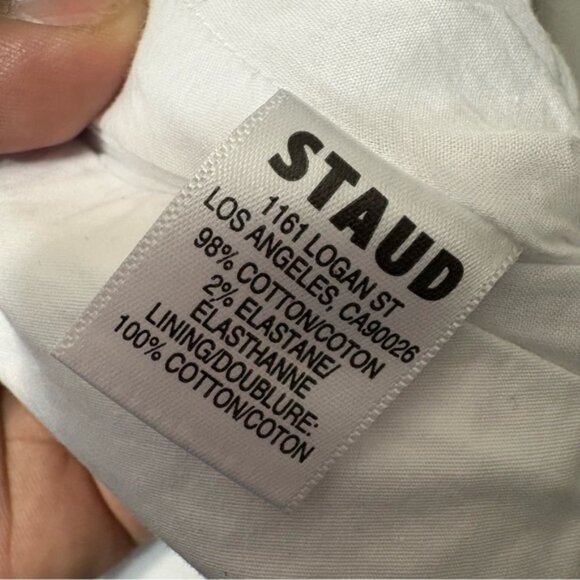 STAUD Finely Twisted Front Midi Dress Classic White V-Neck Puff Sleeve, Size 8 - Picture 12 of 14